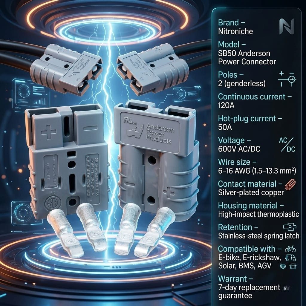 nitroniche sb50 anderson connector – 50a genderless ev battery plug for e bike & e rickshaw
